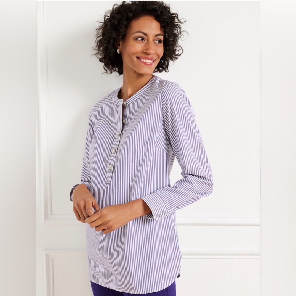 TALBOTS NON-IRON BAND COLLAR TUNIC - DREAMY STRIPE RHINESTONE BUTTONS